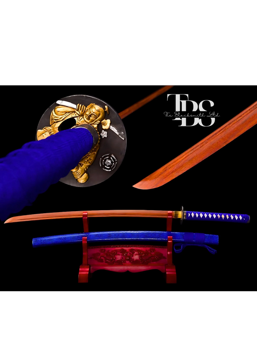 Handcrafted Damascus Steel Katana Sword with Blue Handle, Blue Blade Cover, and Grey Detailing – Customizable for Anniversary, Groomsmen Gifts, Christmas Gifts, and Collectors - TheBlacksmithLtd #