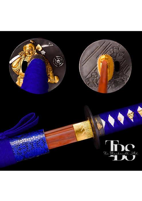 Handcrafted Damascus Steel Katana Sword with Blue Handle, Blue Blade Cover, and Grey Detailing – Customizable for Anniversary, Groomsmen Gifts, Christmas Gifts, and Collectors - TheBlacksmithLtd #