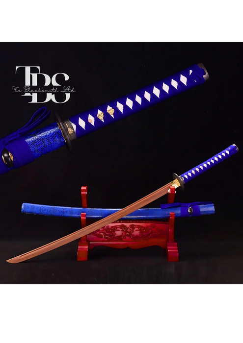 Handcrafted Damascus Steel Katana Sword with Blue Handle, Blue Blade Cover, and Grey Detailing – Customizable for Anniversary, Groomsmen Gifts, Christmas Gifts, and Collectors - TheBlacksmithLtd #
