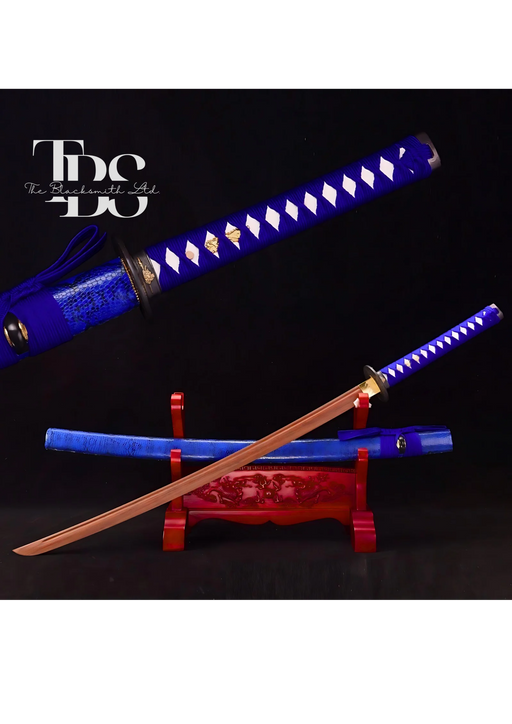 Handcrafted Damascus Steel Katana Sword with Blue Handle, Blue Blade Cover, and Grey Detailing – Customizable for Anniversary, Groomsmen Gifts, Christmas Gifts, and Collectors - TheBlacksmithLtd #