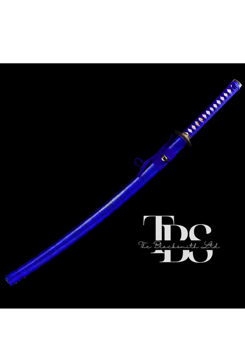 Handcrafted Damascus Steel Katana Sword with Blue Handle, Blue Blade Cover, and Grey Detailing – Customizable for Anniversary, Groomsmen Gifts, Christmas Gifts, and Collectors - TheBlacksmithLtd #