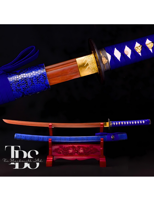 Handcrafted Damascus Steel Katana Sword with Blue Handle, Blue Blade Cover, and Grey Detailing – Customizable for Anniversary, Groomsmen Gifts, Christmas Gifts, and Collectors - TheBlacksmithLtd #