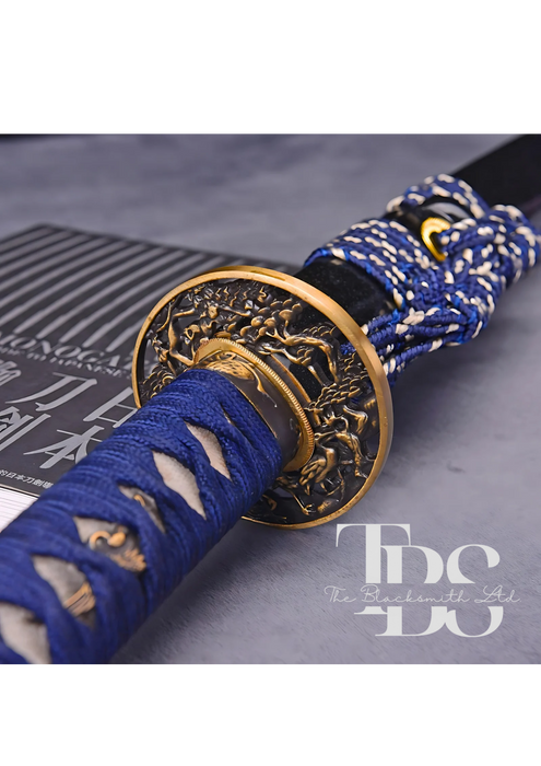 Handcrafted Damascus Steel Katana Sword with Blue Handle, Black Blade Cover, and Golden Detailing – Customizable for Anniversary, Groomsmen Gifts, Christmas Gifts, and Collectors - TheBlacksmithLtd #