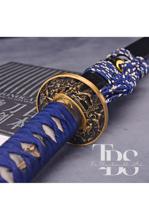 Handcrafted Damascus Steel Katana Sword with Blue Handle, Black Blade Cover, and Golden Detailing – Customizable for Anniversary, Groomsmen Gifts, Christmas Gifts, and Collectors - TheBlacksmithLtd #