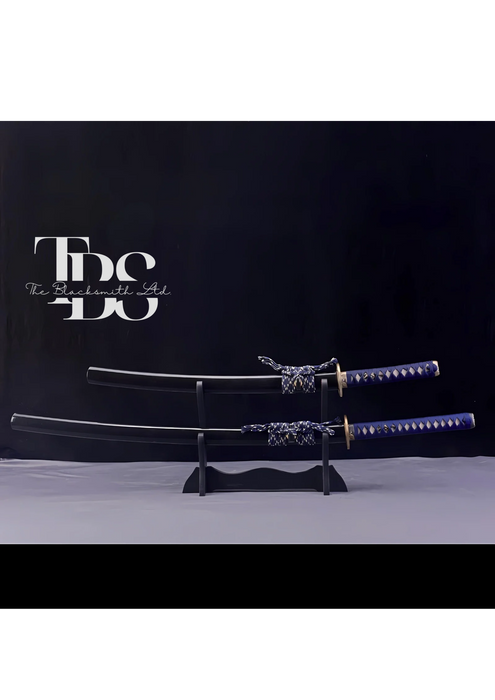 Handcrafted Damascus Steel Katana Sword with Blue Handle, Black Blade Cover, and Golden Detailing – Customizable for Anniversary, Groomsmen Gifts, Christmas Gifts, and Collectors - TheBlacksmithLtd #