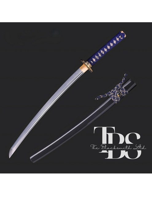 Handcrafted Damascus Steel Katana Sword with Blue Handle, Black Blade Cover, and Golden Detailing – Customizable for Anniversary, Groomsmen Gifts, Christmas Gifts, and Collectors - TheBlacksmithLtd #