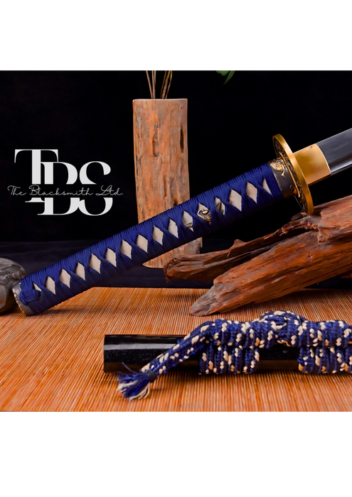 Handcrafted Damascus Steel Katana Sword with Blue Handle, Black Blade Cover, and Golden Detailing – Customizable for Anniversary, Groomsmen Gifts, Christmas Gifts, and Collectors - TheBlacksmithLtd #