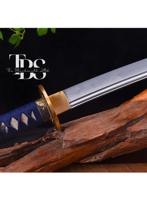 Handcrafted Damascus Steel Katana Sword with Blue Handle, Black Blade Cover, and Golden Detailing – Customizable for Anniversary, Groomsmen Gifts, Christmas Gifts, and Collectors - TheBlacksmithLtd #