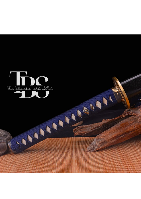 Handcrafted Damascus Steel Katana Sword with Blue Handle, Black Blade Cover, and Golden Detailing – Customizable for Anniversary, Groomsmen Gifts, Christmas Gifts, and Collectors - TheBlacksmithLtd #