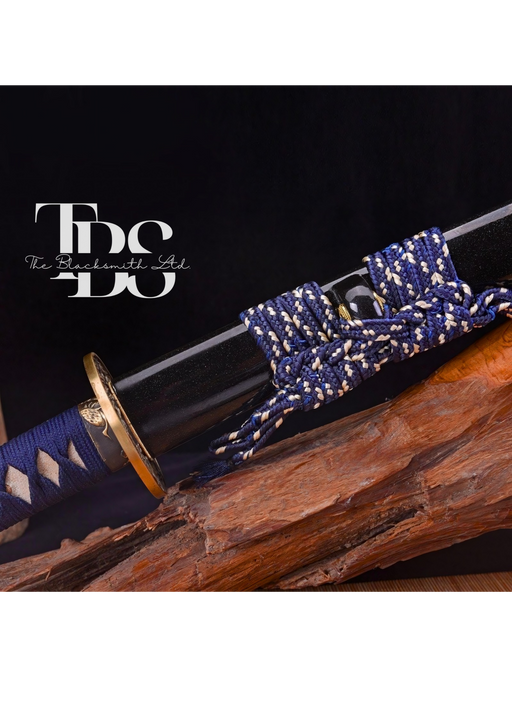 Handcrafted Damascus Steel Katana Sword with Blue Handle, Black Blade Cover, and Golden Detailing – Customizable for Anniversary, Groomsmen Gifts, Christmas Gifts, and Collectors - TheBlacksmithLtd #