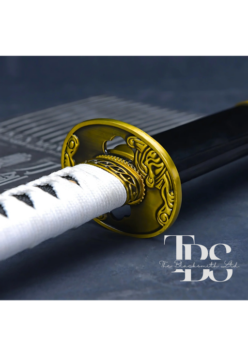 Handcrafted Damascus Steel Katana Sword with White Handle, Golden Detailing, and Black Blade Cover – Customizable for Anniversary, Groomsmen Gifts, Christmas Gifts, and Collectors - TheBlacksmithLtd #