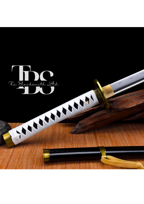 Handcrafted Damascus Steel Katana Sword with White Handle, Golden Detailing, and Black Blade Cover – Customizable for Anniversary, Groomsmen Gifts, Christmas Gifts, and Collectors - TheBlacksmithLtd #