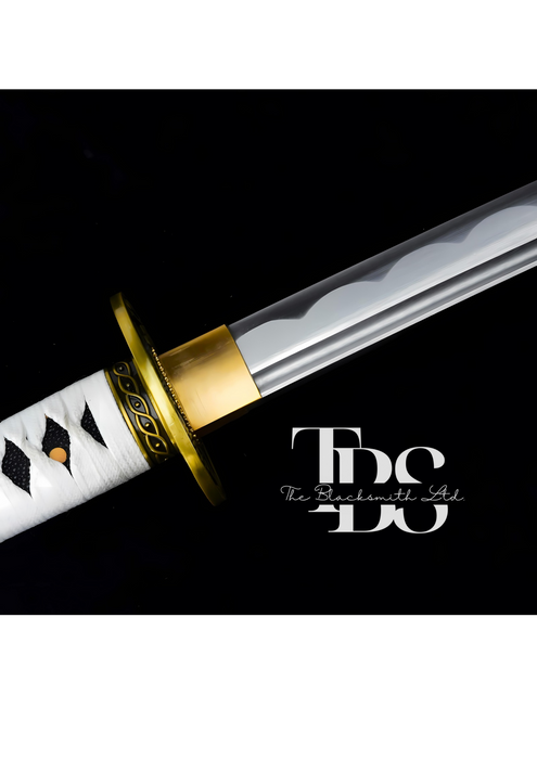 Handcrafted Damascus Steel Katana Sword with White Handle, Golden Detailing, and Black Blade Cover – Customizable for Anniversary, Groomsmen Gifts, Christmas Gifts, and Collectors - TheBlacksmithLtd #