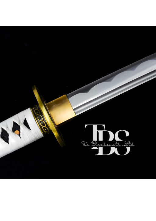 Handcrafted Damascus Steel Katana Sword with White Handle, Golden Detailing, and Black Blade Cover – Customizable for Anniversary, Groomsmen Gifts, Christmas Gifts, and Collectors - TheBlacksmithLtd #