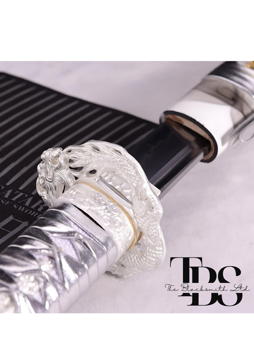 Handcrafted Damascus Steel Katana Sword with Silver Handle, Silver Detailing, and White Blade Cover with Dark Grey Prints – Customizable for Anniversary, Groomsmen Gifts, Christmas Gifts, and Collectors - TheBlacksmithLtd #