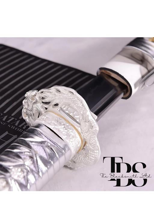 Handcrafted Damascus Steel Katana Sword with Silver Handle, Silver Detailing, and White Blade Cover with Dark Grey Prints – Customizable for Anniversary, Groomsmen Gifts, Christmas Gifts, and Collectors - TheBlacksmithLtd #