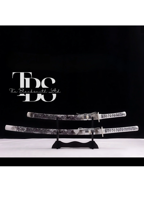 Handcrafted Damascus Steel Katana Sword with Silver Handle, Silver Detailing, and White Blade Cover with Dark Grey Prints – Customizable for Anniversary, Groomsmen Gifts, Christmas Gifts, and Collectors - TheBlacksmithLtd #