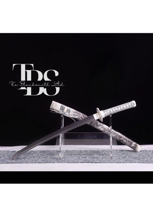 Handcrafted Damascus Steel Katana Sword with Silver Handle, Silver Detailing, and White Blade Cover with Dark Grey Prints – Customizable for Anniversary, Groomsmen Gifts, Christmas Gifts, and Collectors - TheBlacksmithLtd #