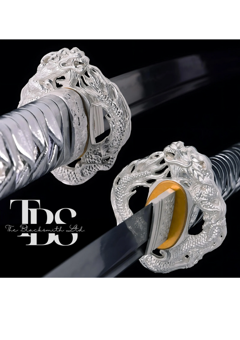 Handcrafted Damascus Steel Katana Sword with Silver Handle, Silver Detailing, and White Blade Cover with Dark Grey Prints – Customizable for Anniversary, Groomsmen Gifts, Christmas Gifts, and Collectors - TheBlacksmithLtd #
