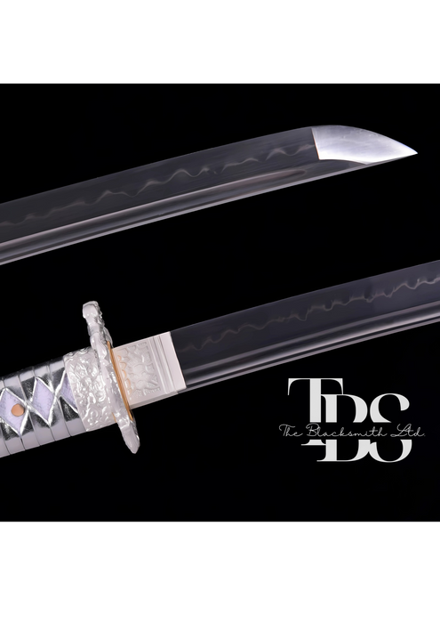 Handcrafted Damascus Steel Katana Sword with Silver Handle, Silver Detailing, and White Blade Cover with Dark Grey Prints – Customizable for Anniversary, Groomsmen Gifts, Christmas Gifts, and Collectors - TheBlacksmithLtd #