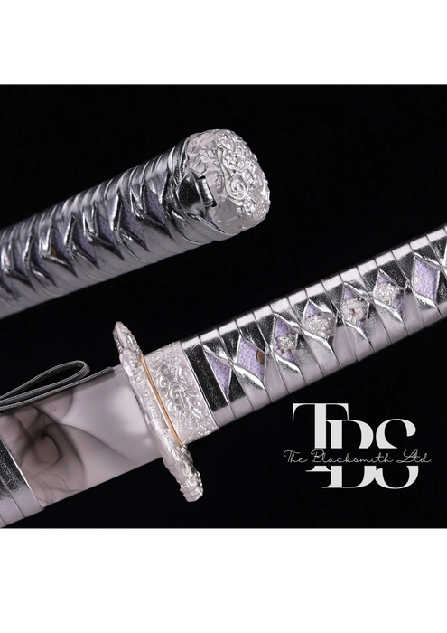 Handcrafted Damascus Steel Katana Sword with Silver Handle, Silver Detailing, and White Blade Cover with Dark Grey Prints – Customizable for Anniversary, Groomsmen Gifts, Christmas Gifts, and Collectors - TheBlacksmithLtd #