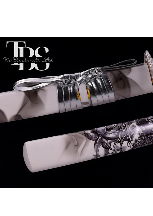 Handcrafted Damascus Steel Katana Sword with Silver Handle, Silver Detailing, and White Blade Cover with Dark Grey Prints – Customizable for Anniversary, Groomsmen Gifts, Christmas Gifts, and Collectors - TheBlacksmithLtd #