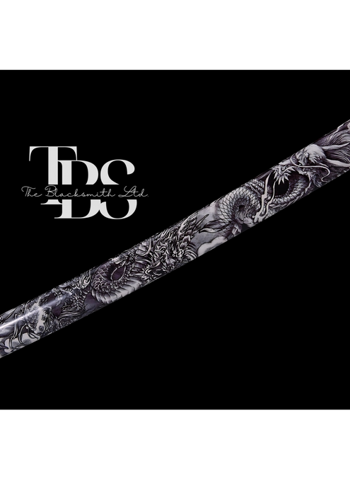 Handcrafted Damascus Steel Katana Sword with Silver Handle, Silver Detailing, and White Blade Cover with Dark Grey Prints – Customizable for Anniversary, Groomsmen Gifts, Christmas Gifts, and Collectors - TheBlacksmithLtd #