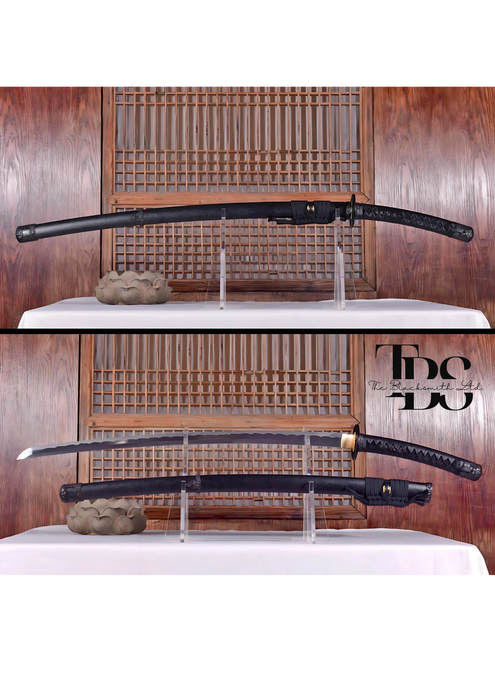 Handcrafted Damascus Steel Katana Sword with Black Leathered Handle, Black Blade Cover, and Black Detailing with Lace – Customizable for Anniversary, Groomsmen Gifts, Christmas Gifts, and Collectors - TheBlacksmithLtd #