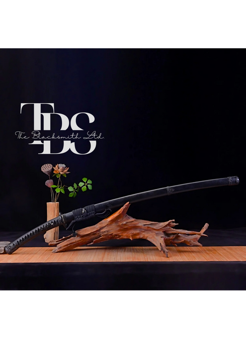 Handcrafted Damascus Steel Katana Sword with Black Leathered Handle, Black Blade Cover, and Black Detailing with Lace – Customizable for Anniversary, Groomsmen Gifts, Christmas Gifts, and Collectors - TheBlacksmithLtd #