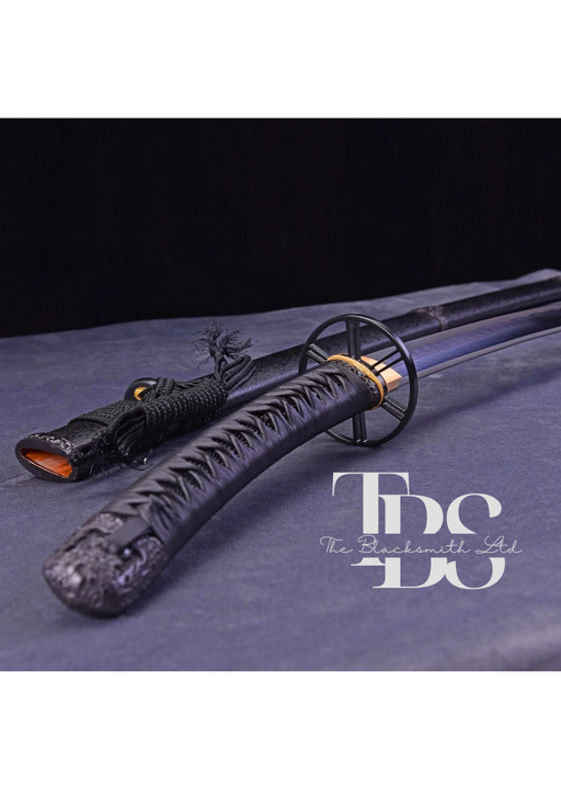 Handcrafted Damascus Steel Katana Sword with Black Leathered Handle, Black Blade Cover, and Black Detailing with Lace – Customizable for Anniversary, Groomsmen Gifts, Christmas Gifts, and Collectors - TheBlacksmithLtd #