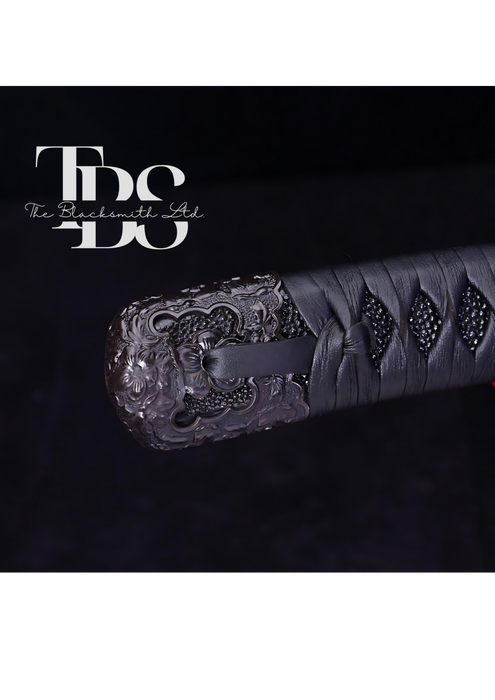 Handcrafted Damascus Steel Katana Sword with Black Leathered Handle, Black Blade Cover, and Black Detailing with Lace – Customizable for Anniversary, Groomsmen Gifts, Christmas Gifts, and Collectors - TheBlacksmithLtd #