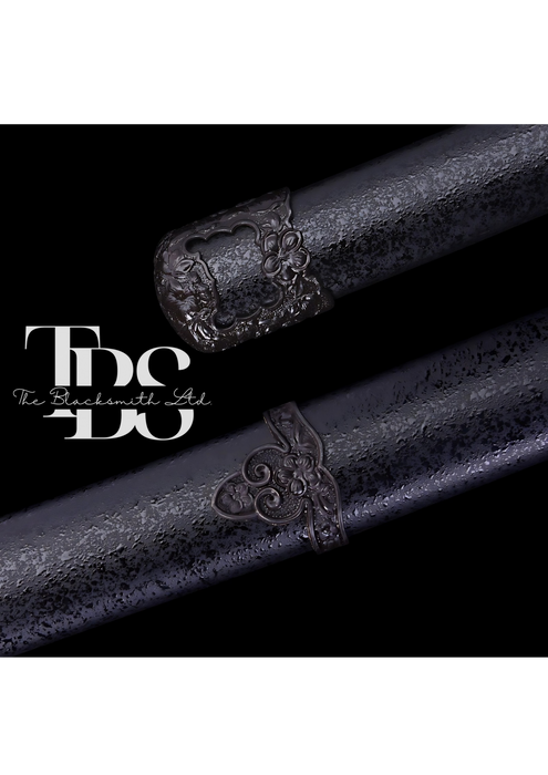 Handcrafted Damascus Steel Katana Sword with Black Leathered Handle, Black Blade Cover, and Black Detailing with Lace – Customizable for Anniversary, Groomsmen Gifts, Christmas Gifts, and Collectors - TheBlacksmithLtd #