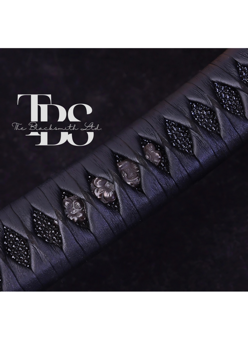Handcrafted Damascus Steel Katana Sword with Black Leathered Handle, Black Blade Cover, and Black Detailing with Lace – Customizable for Anniversary, Groomsmen Gifts, Christmas Gifts, and Collectors - TheBlacksmithLtd #