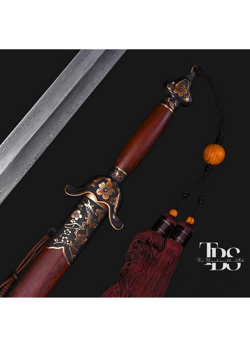 Handcrafted Damascus Steel Katana Sword Set – Wooden Handles and Covers with Bronze Detailing and Lace – Perfect for Anniversaries, Groomsmen Gifts, Christmas, and Collectors - TheBlacksmithLtd #