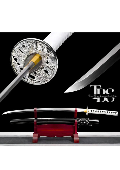 Handcrafted Damascus Steel Katana Sword with White Handle, Silver Detailing, and Black Blade Cover with Golden Design and Lace – Customizable for Anniversary, Groomsmen Gifts, Christmas Gifts, and Collectors - TheBlacksmithLtd #
