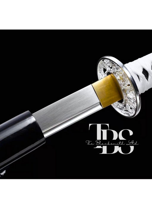 Handcrafted Damascus Steel Katana Sword with White Handle, Silver Detailing, and Black Blade Cover with Golden Design and Lace – Customizable for Anniversary, Groomsmen Gifts, Christmas Gifts, and Collectors - TheBlacksmithLtd #