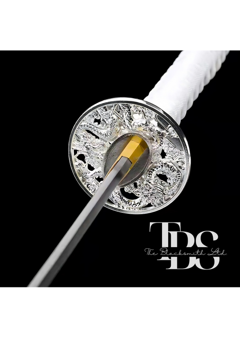 Handcrafted Damascus Steel Katana Sword with White Handle, Silver Detailing, and Black Blade Cover with Golden Design and Lace – Customizable for Anniversary, Groomsmen Gifts, Christmas Gifts, and Collectors - TheBlacksmithLtd #