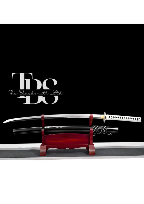 Handcrafted Damascus Steel Katana Sword with White Handle, Silver Detailing, and Black Blade Cover with Golden Design and Lace – Customizable for Anniversary, Groomsmen Gifts, Christmas Gifts, and Collectors - TheBlacksmithLtd #
