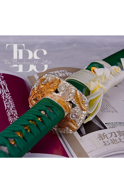 Handcrafted Damascus Steel Katana Sword with Green Handle, Green Blade Cover with White Lace, and Silver and Golden Detailing – Perfect for Anniversaries, Groomsmen Gifts, Christmas, and Collectors - TheBlacksmithLtd #
