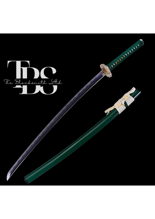 Handcrafted Damascus Steel Katana Sword with Green Handle, Green Blade Cover with White Lace, and Silver and Golden Detailing – Perfect for Anniversaries, Groomsmen Gifts, Christmas, and Collectors - TheBlacksmithLtd #