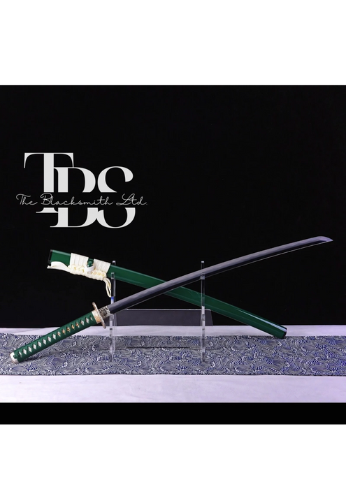 Handcrafted Damascus Steel Katana Sword with Green Handle, Green Blade Cover with White Lace, and Silver and Golden Detailing – Perfect for Anniversaries, Groomsmen Gifts, Christmas, and Collectors - TheBlacksmithLtd #