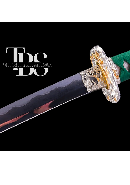 Handcrafted Damascus Steel Katana Sword with Green Handle, Green Blade Cover with White Lace, and Silver and Golden Detailing – Perfect for Anniversaries, Groomsmen Gifts, Christmas, and Collectors - TheBlacksmithLtd #
