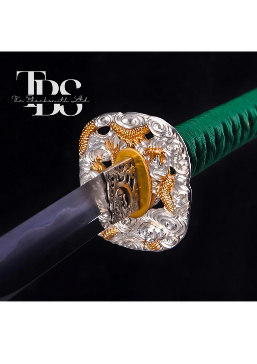 Handcrafted Damascus Steel Katana Sword with Green Handle, Green Blade Cover with White Lace, and Silver and Golden Detailing – Perfect for Anniversaries, Groomsmen Gifts, Christmas, and Collectors - TheBlacksmithLtd #