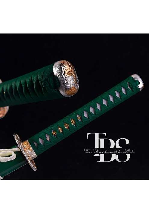 Handcrafted Damascus Steel Katana Sword with Green Handle, Green Blade Cover with White Lace, and Silver and Golden Detailing – Perfect for Anniversaries, Groomsmen Gifts, Christmas, and Collectors - TheBlacksmithLtd #