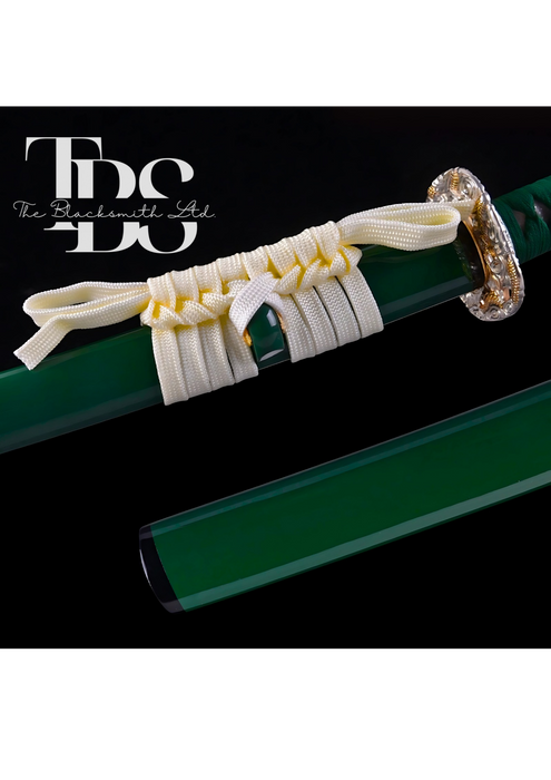 Handcrafted Damascus Steel Katana Sword with Green Handle, Green Blade Cover with White Lace, and Silver and Golden Detailing – Perfect for Anniversaries, Groomsmen Gifts, Christmas, and Collectors - TheBlacksmithLtd #