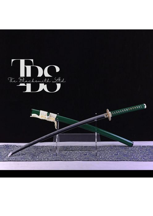 Handcrafted Damascus Steel Katana Sword with Green Handle, Green Blade Cover with White Lace, and Silver and Golden Detailing – Perfect for Anniversaries, Groomsmen Gifts, Christmas, and Collectors - TheBlacksmithLtd #