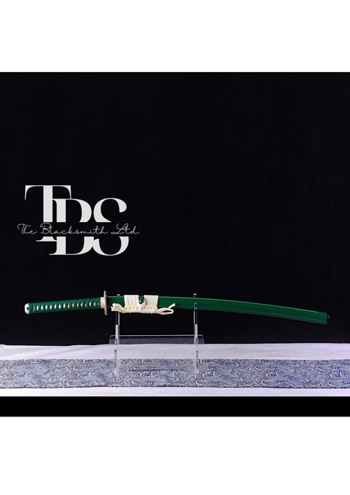 Handcrafted Damascus Steel Katana Sword with Green Handle, Green Blade Cover with White Lace, and Silver and Golden Detailing – Perfect for Anniversaries, Groomsmen Gifts, Christmas, and Collectors - TheBlacksmithLtd #