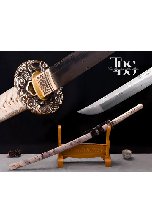 Handcrafted Damascus Steel Katana Sword with Beige Handle, Beige Blade Cover with Elegant Design and Lace, and Bronze Detailing – Customizable for Anniversary, Groomsmen Gifts, Christmas Gifts, and Collectors - TheBlacksmithLtd #