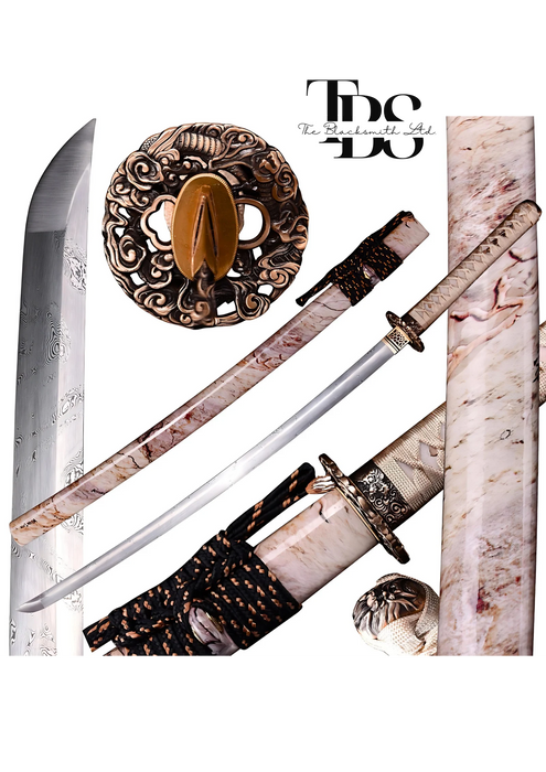 Handcrafted Damascus Steel Katana Sword with Beige Handle, Beige Blade Cover with Elegant Design and Lace, and Bronze Detailing – Customizable for Anniversary, Groomsmen Gifts, Christmas Gifts, and Collectors - TheBlacksmithLtd #