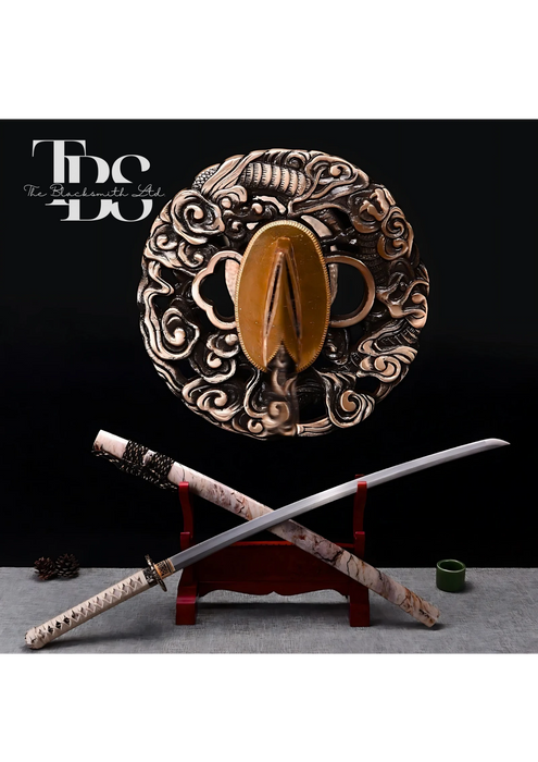 Handcrafted Damascus Steel Katana Sword with Beige Handle, Beige Blade Cover with Elegant Design and Lace, and Bronze Detailing – Customizable for Anniversary, Groomsmen Gifts, Christmas Gifts, and Collectors - TheBlacksmithLtd #